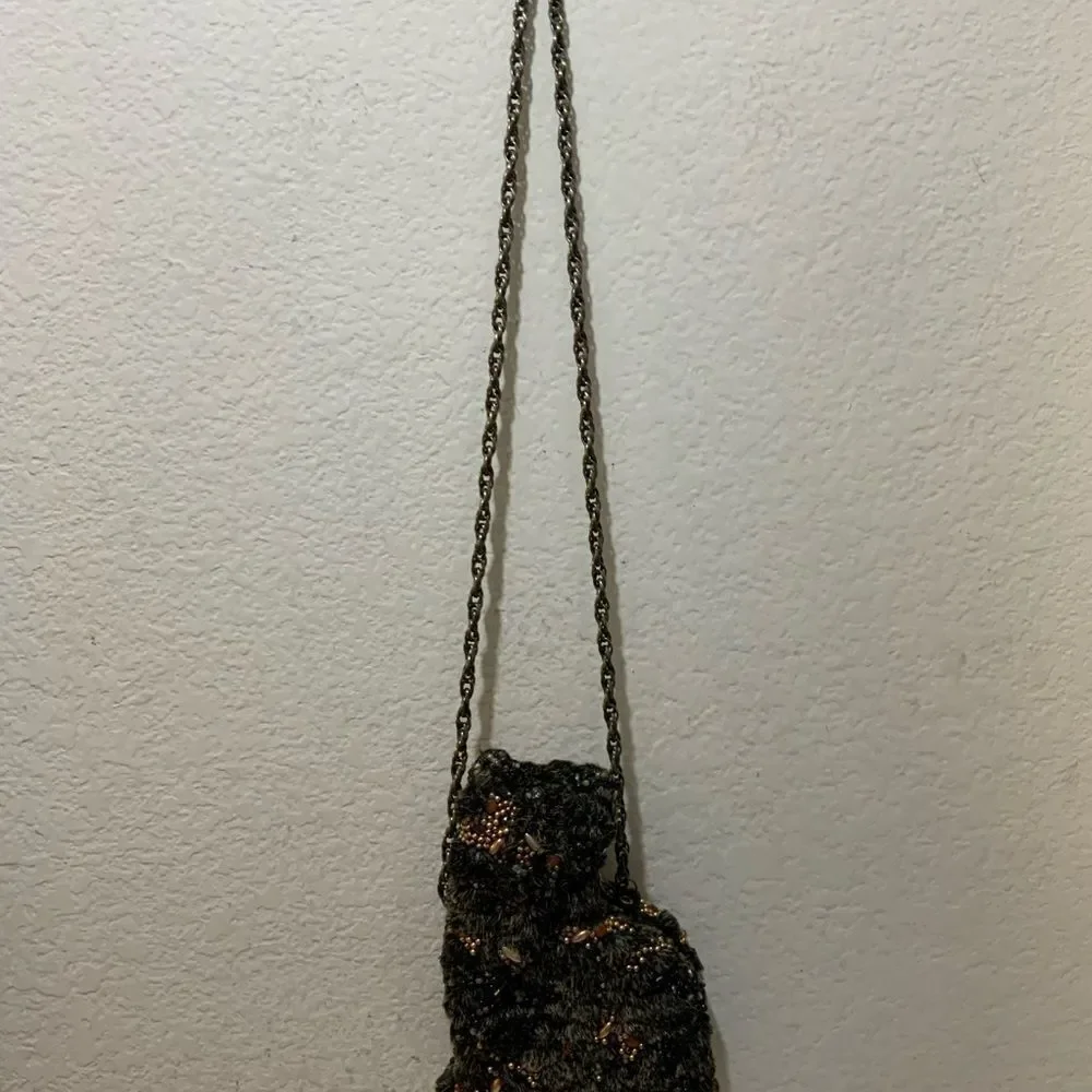 MARY FRANCES Beaded Cat Purse handbag with chain strap